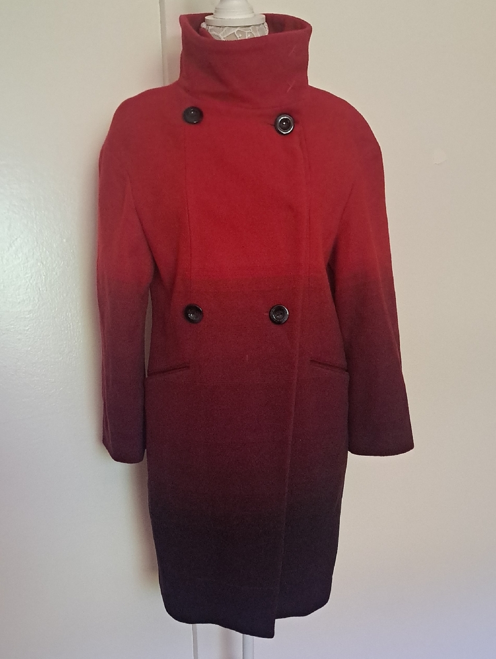 Worthington Red Ombre Wool Coat Funnel Neck 70% Wool 30% Nylon.